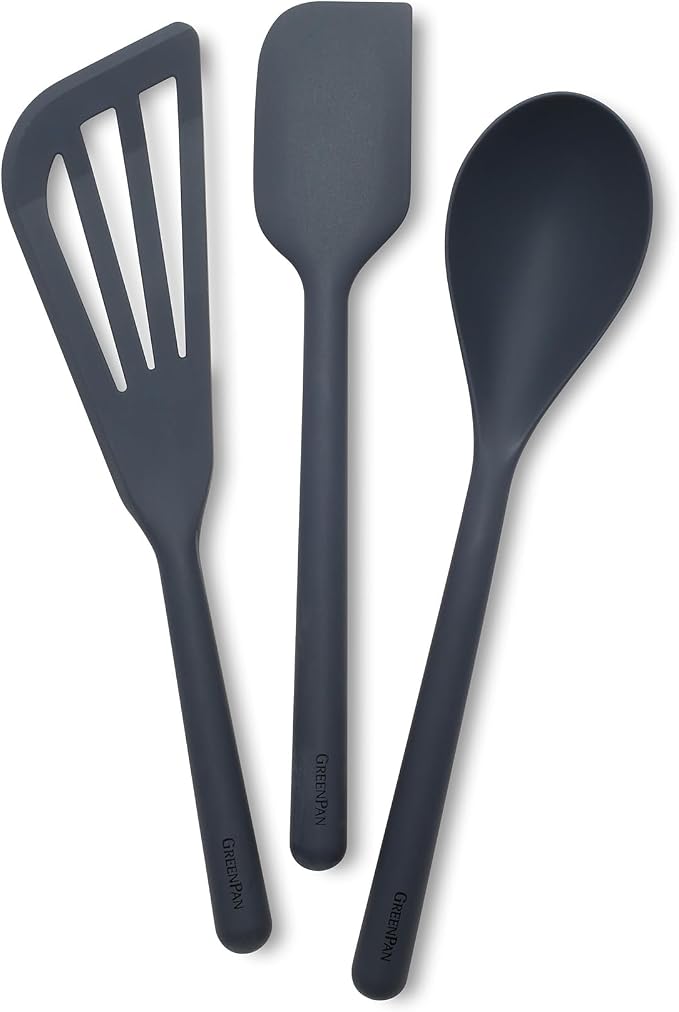 GreenPan Silicone 3 Piece Cooking Utensil Set, Fish Turner, Mixing Spatula, Solid Spoon, Flexible Nonstick Kitchen Tools Rigid Steel Core, Heat-Resistant Anti-Slip Handle BPA-Free Dishwasher Safe Gray