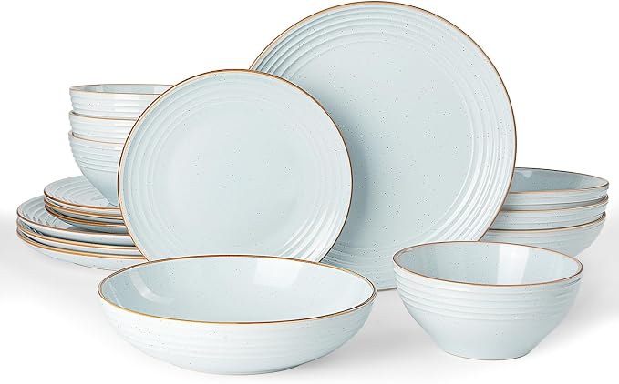 Famiware Jupiter Stoneware Dinnerware Sets with Pasta Bowls, Dishes for 4 | 16 pcs Speckled Plates and Double Bowls with Rim, Chip & Scratch Resistant, Microwave & Dishwasher Safe, Modern Neutral Blue