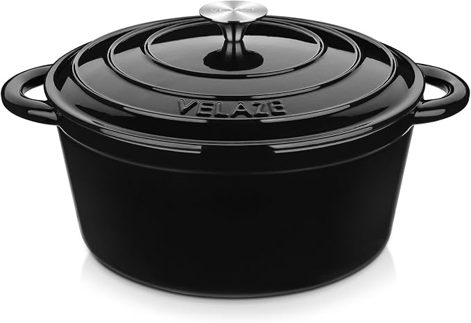 Velaze 7.5 QT Enameled Cast Iron Dutch Oven Pot with Lid,Black | Large Capacity for Cooking,Frying, Stewing,Bread Baking,and Roasting,Oven Safe,Dual Handles,Heavy Duty,Non-Stick Coating