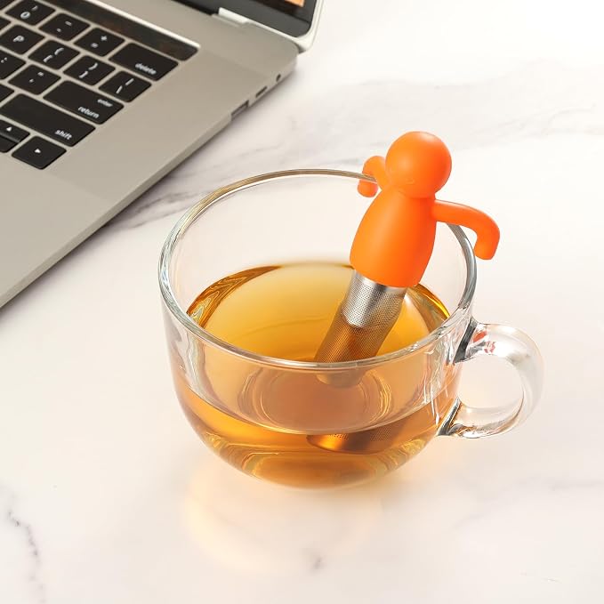 Leden Fine Mesh Tea Infuser for Loose Leaf Cute Tea Steeper, Orange | Stainless Steel Fun Person-shaped Design Tea Strainer Filter with Silicone Handle for Loose Tea Ball for Cup Mug