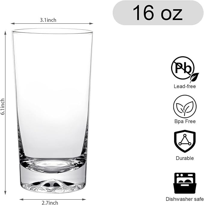 Drinking Highball Glasses Set of 6, 16oz Crystal Water Glasses