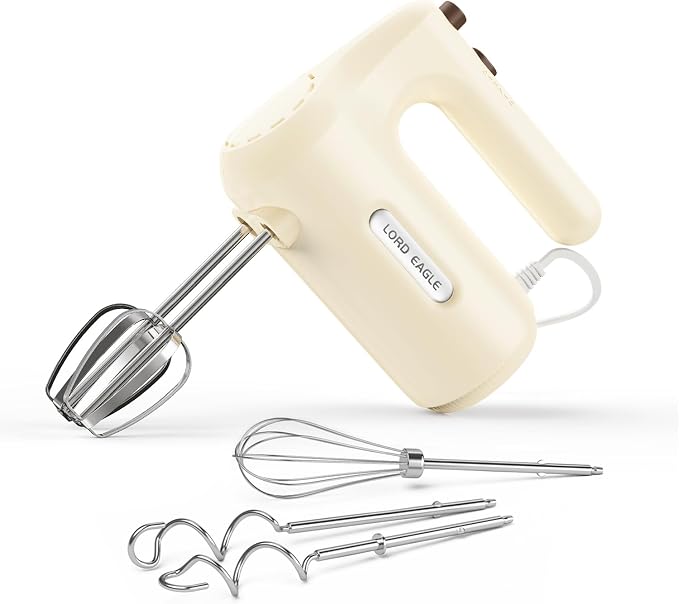 Lord Eagle 5-Speed Small Hand Mixer Electric, 300W Compact Portable, Cream | Handheld Kitchen Mixer Egg Beater with 5 Attachments & Storage Bag, Cake Supplies for Bread Dough Baking, Lightweight