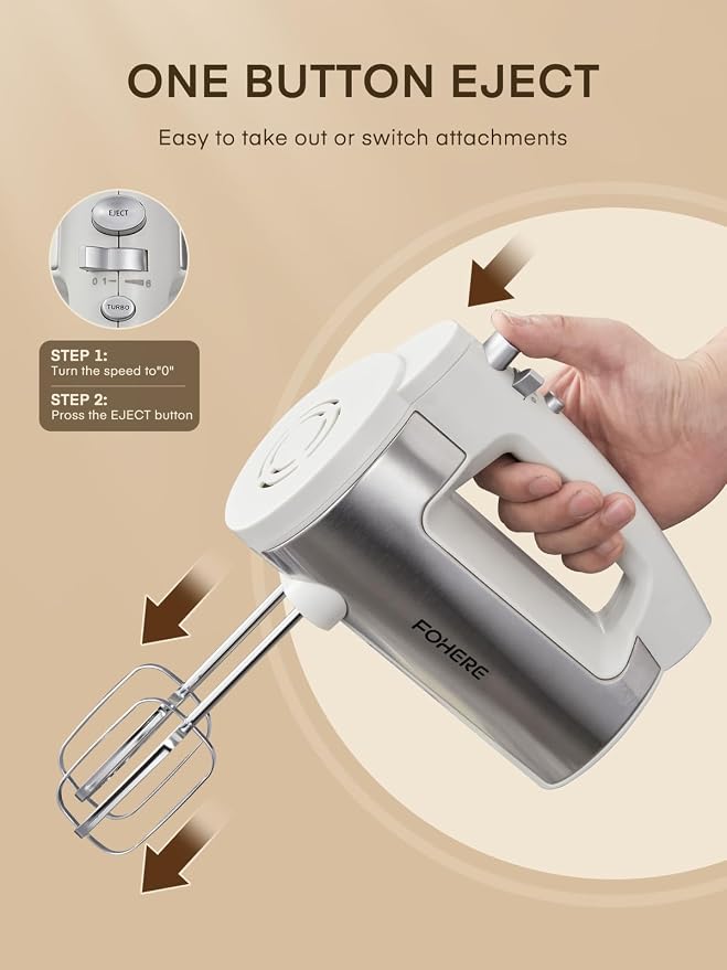 Hand Mixer Electric Handheld, 6 Speed & Turbo Electric Mixer, 300W Handheld Mixer with 2 Stainless Steel Whisk and 2 Dough Hook for Whipping, Mixing Cookies, Brownie, Cakes, Dough Batters, White