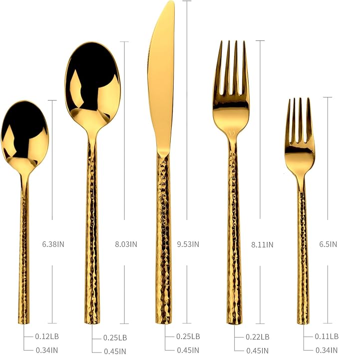 Gold Flatware Set Round Hammered Handle 20 Pieces Service for 4 | Silverware Set 18/10 Stainless Steel, Hand Forged Heavy Cutlery, Mirror Finished, Wedding Housewarming Gift, Dishwasher Safe