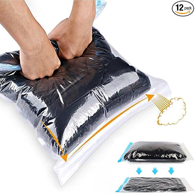 Compression Bags - Travel Essentials - 12 Pack Space Saver Bags - No Vacuum Pump Or Air Extractor is Needed - Storage Accessorie and Home Packing Organizers (transparent)