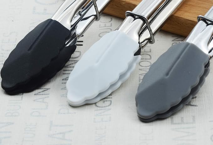 HINMAY 7-Inch Mini Tongs with Silicone Tips, Set of 3 (Black White Gray) | 7-Inch Small Serving Tongs