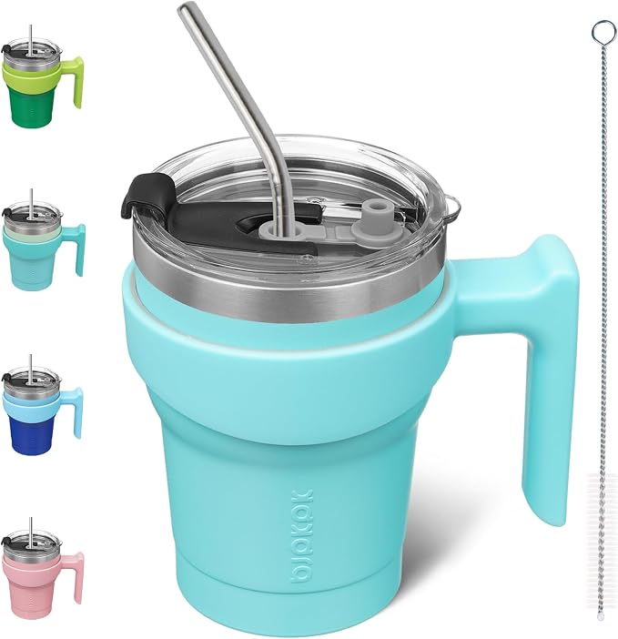 BJPKPK 10 oz Mini Tumbler with Lid, Straw & Handle, Insulated Steel Cup | Small, Spill Proof, Leak Proof, Thermal, Double Wall Vacuum, Sweatproof, Dishwasher Safe, BPA Free, Turquoise