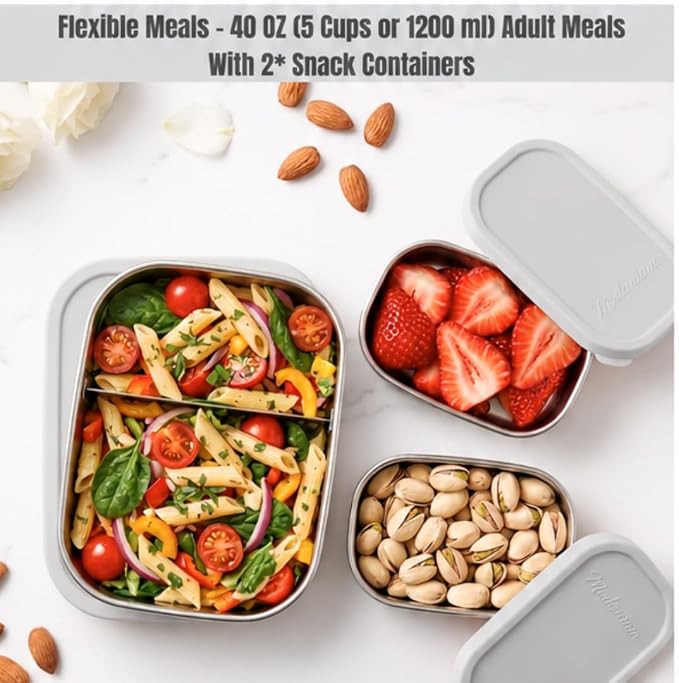 Flexibento 40 OZ Leak Proof Stainless Steel Lunch Box ,Grey Set of 3