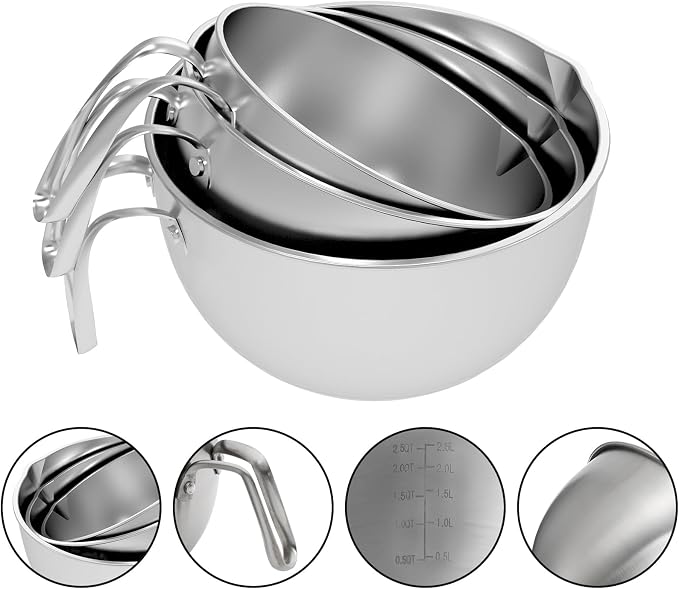 3 Pieces 304 Stainless Steel Mixing Bowls, 1.3/2.1/2.6 Quart Mixing Bowl Set with Handle, Pour Spouts & Measurement Marks, Metal Nesting Bowls with Silicone Spatula for Baking Cooking