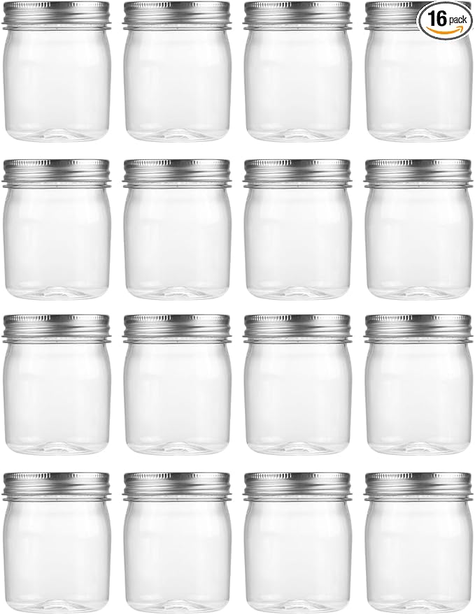 novelinks 8 oz Plastic Mason Jars and Clear Plastic Jars with Lids 8 oz | 16 Pack, Silver, Plastic Containers with Lids, Small Mason Jars, Clear Jars Bulk, Spice Jars, Slime Jars, Mini Jars