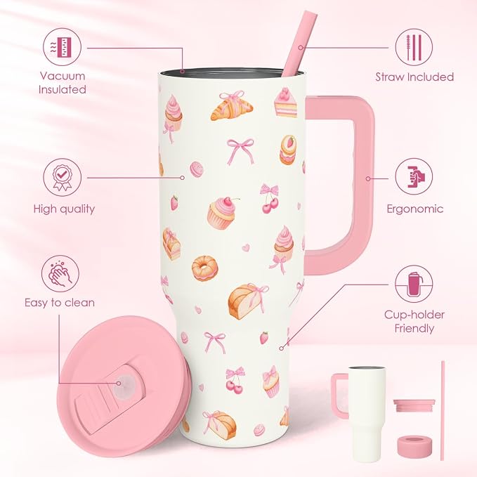 SANDJEST Dessert 40oz Tumbler with Handle and Straw, Insulated Stainless Steel Travel Coffee Mug for Women Girls, Gift Idea for Birthday Christmas Mothers Day