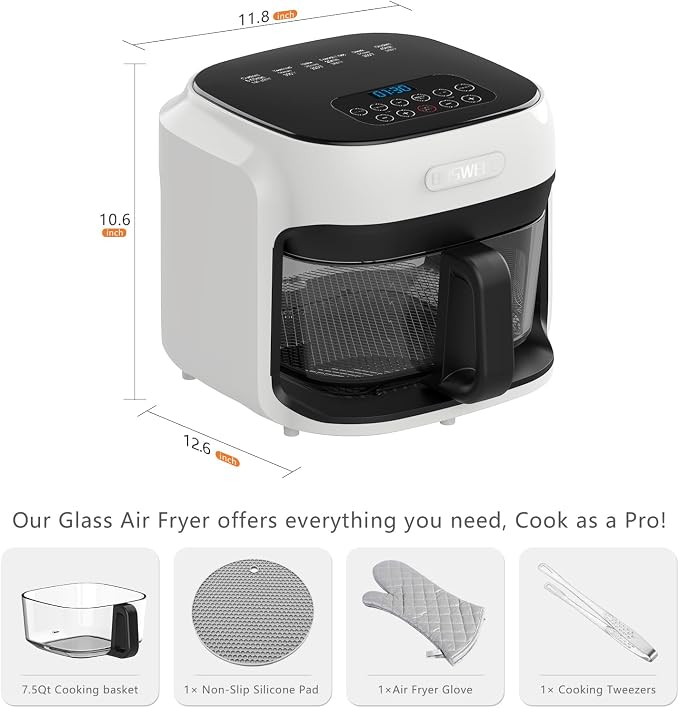 BOSWELL 7.5 QT Large Glass Air Fryer, 6-1 Preset Cook Modes | Transparent Fry Bowl, White, Circulating Heating & Temperature Control, Steak, Fries, Bake,Chicken, Dishwasher Safe
