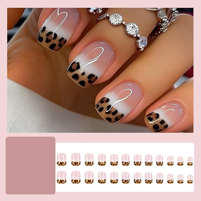 24Pcs French Tip Press on Nails Short Square WLGDLH Summer Fake Nails Press ons Nail Art Tips with Brown Leopard Print Design Acrylic Glue on Nails Full Cover Nude False Nails for Women Manicure