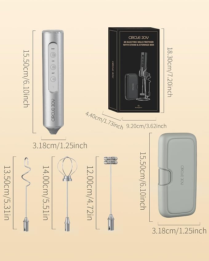 CIRCLE JOY Rechargeable Handheld Milk Frother Wand with Stand, 3 Variable Speeds, 3 Whisks and Storage Box, Electric Drink Mixer for Latte, Cappuccino, Hot Chocolate, Eggs and Protein Powder, Silver