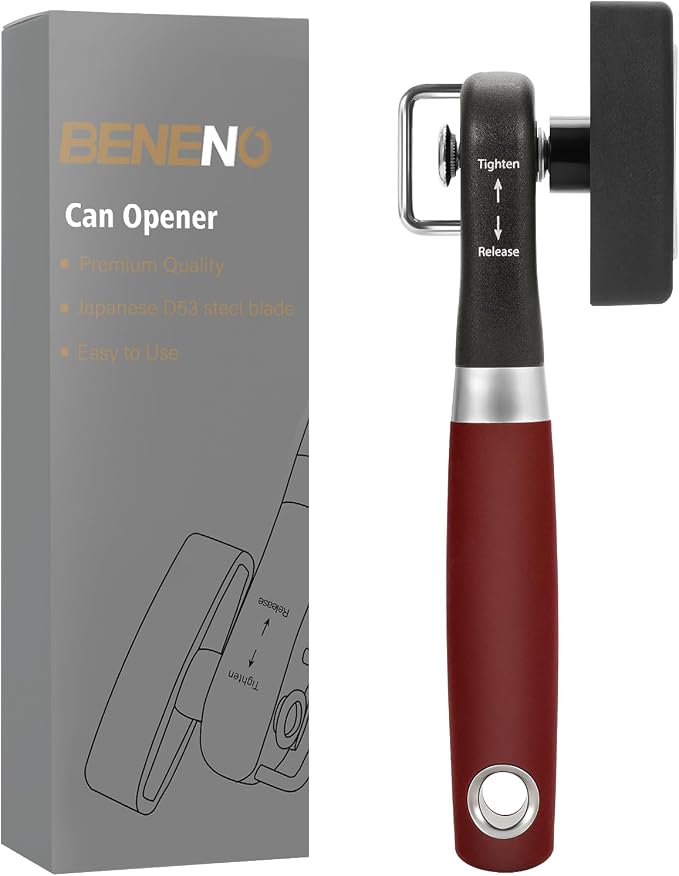 Beneno Can Opener, Manual Side Safe Cut Can Opener Smooth Edge, Red | Durable Sharp DC53 Steel Cutting Blade, Clean Cut with no Sharp Can Edges, Big Effort-Saving Knob, Comfortable Non-Slip Grip