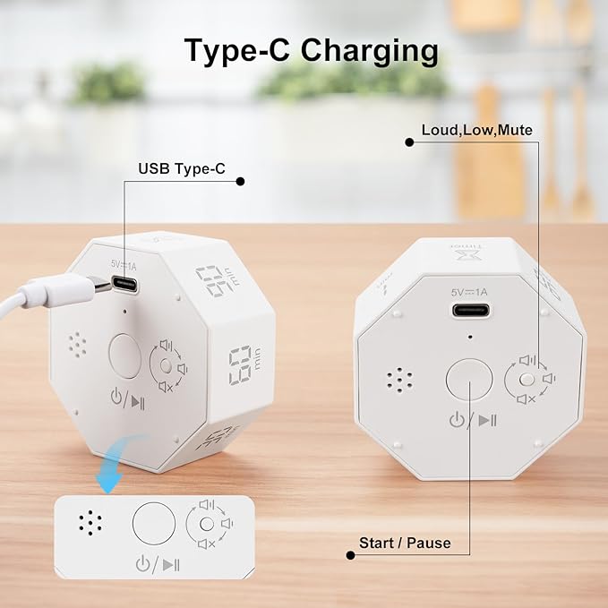 Rechargeable Pomodoro Timer, Small Gravity Timer (Pearl White) | Seven Preset Flip Times (1/3/5/15/30/60/90 min) and Count-Up Mode: Digital Kitchen Timer for Cooking, Work, and Study