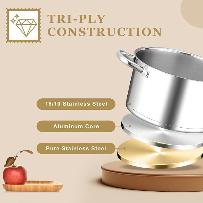 Leonyo 5Qt Stockpot with Lid, Stainless Steel Stock Pot for Cooking Soup | 3-Ply Heat-conducting Base for All Stoves, Stewing & Boiling & Simmering