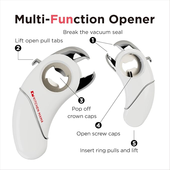Kitchen Mama Epic One Multifunction Opener, White | Magnetic Bottle Opener, Beer and Soda Can Opener, Pull Tab and Jar Opener, For Weak Hands and Arthritis