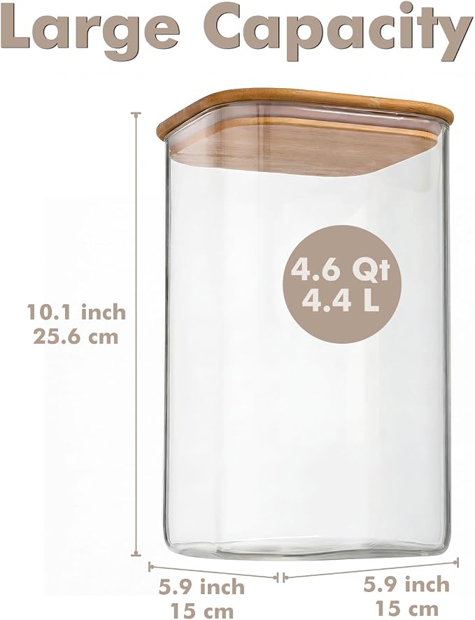 4.6Qt Large Glass Flour Sugar Storage Containers with Bamboo Lids | Wide Mouth Design, With Measuring Cup, Minimalist Kitchen Organizer,Scandinavian Style Storage,Nordic Style Storage