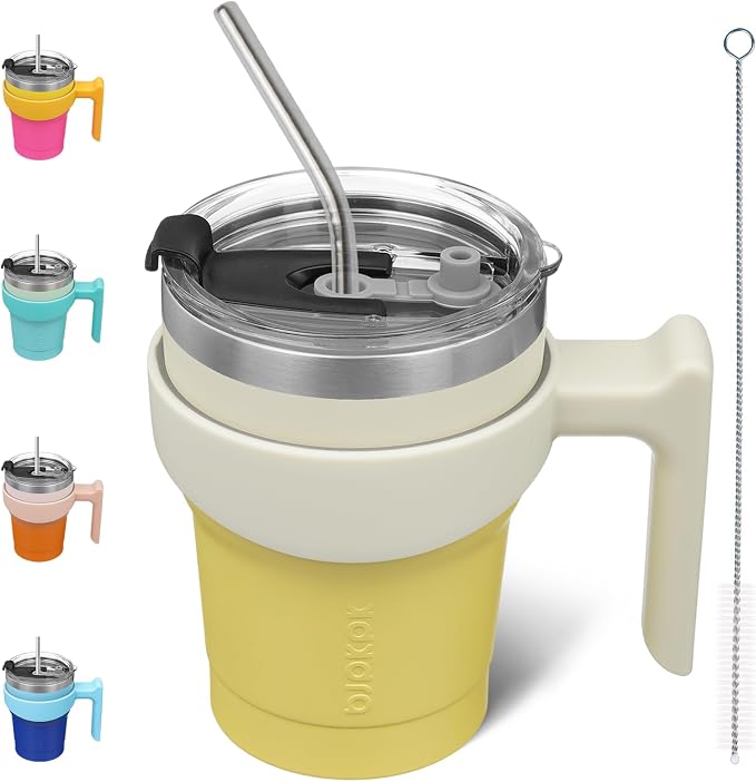 BJPKPK 10 oz Mini Tumbler with Lid, Straw & Handle, Insulated Steel Cup | Small, Spill Proof, Leak Proof, Thermal, Double Wall Vacuum, Sweatproof, Dishwasher Safe, BPA Free, Lemon