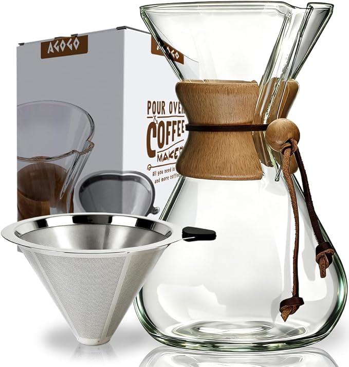 AGOGO Pour Over Coffee Maker Set, 40oz Classic Style, 304 Stainless Filter | Barista kit for home kitchen, Cafe, Camping & Office; 20oz-40oz Classic, Slim, Diamond styles; Includes brush & towel.