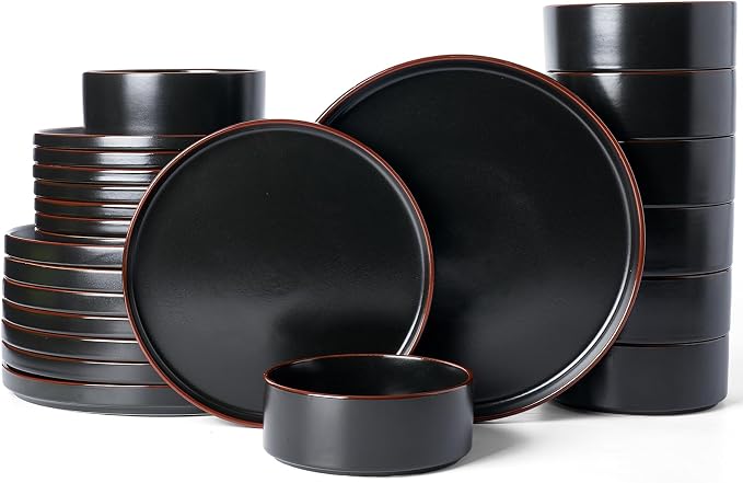 Famiware Nebula Ridge 24-Piece Stoneware Dinnerware Set, Matte Black | Plates and Bowls for 8, Warm Hand-Painted Rims, Microwave and Dishwasher Safe, Daily Essentials