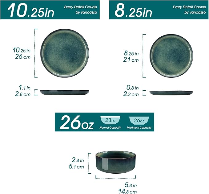 vancasso Starry 18 Pieces Dinnerware Sets for 6, Green Reactive Glaze Dishes Sets, Ceramic Plates and Bowls Set, Dinner Salad Dessert Plates, and Cereal Bowls Set, Dishwasher and Microwave Safe