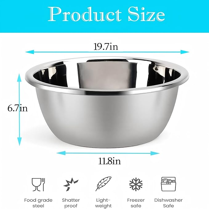 meleg otthon Stainless Steel Mixing Bowl, 23 Quart Salad Bowl, Metal Bowls, Stainless Steel Basin, Heavy Duty Deeper Edge Mirror Finish Dishwasher Safe Bowl
