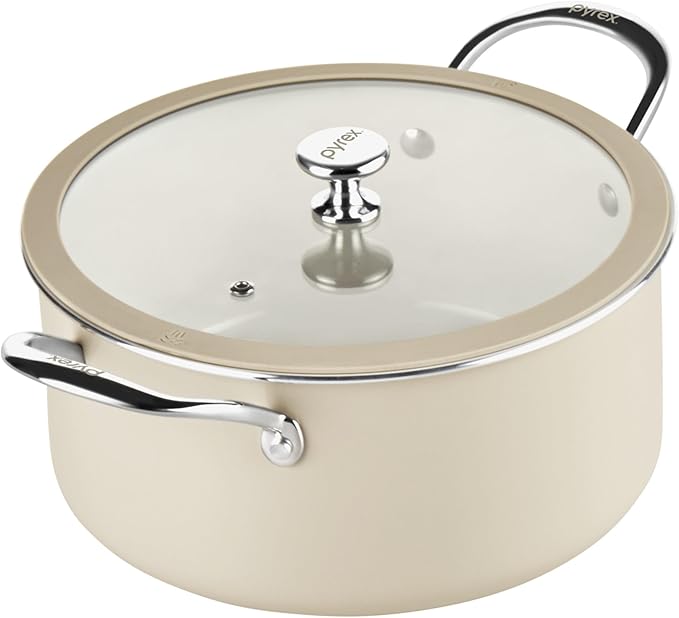 Pyrex 10-Inch Stock Pot Ceramic Cookware with Lid & Stainless Steel Handles | Healthy nonstick ceramic coating, induction compatible stainless steel, PFAS Lead Cadmium BPA Free