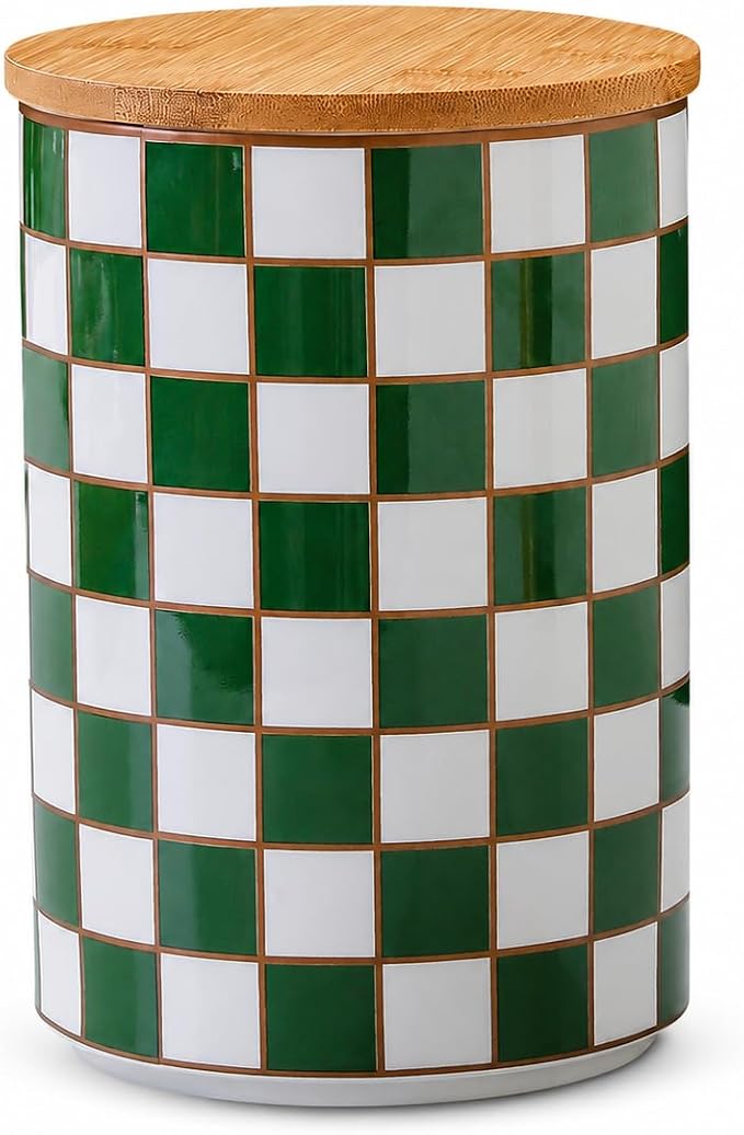 Kitchen Countertop Ceramic Checkered Canisters,Black And White Food Storage Containers With Lid,Airtight Kitchen Canisters for Flour, Sugar, Coffee, Tea, and Dry Goods (Green, XL)