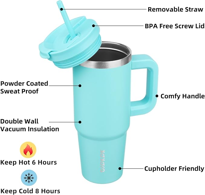 BJPKPK 30 oz Insulated Tumbler with Handle & Straw, Stainless Steel | Double Wall Vacuum Insulation, Leak Proof, BPA Free, Dishwasher Safe, Cupholder Friendly, Travel & Outdoor, Turquoise