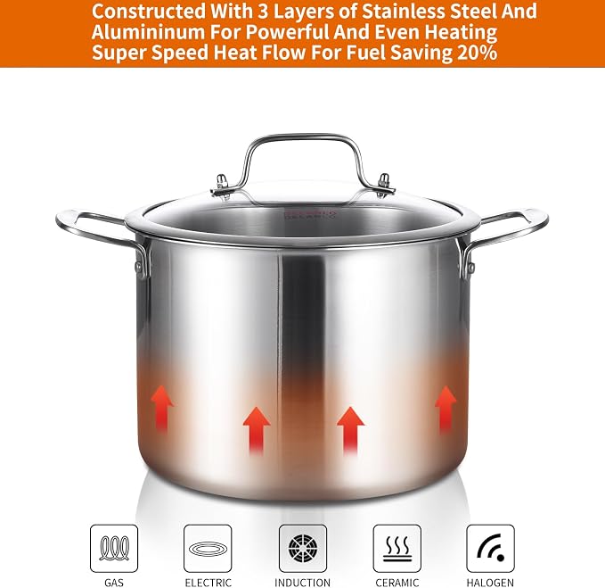 DELARLO Tri-ply Stainless Steel 8 Quart Heavy Duty Induction Stock Pot | Soup Pot with Lid, 18/10 Induction Big Stockpot with Lids, Large Stainless Steel for Cooking, Up to 600℉