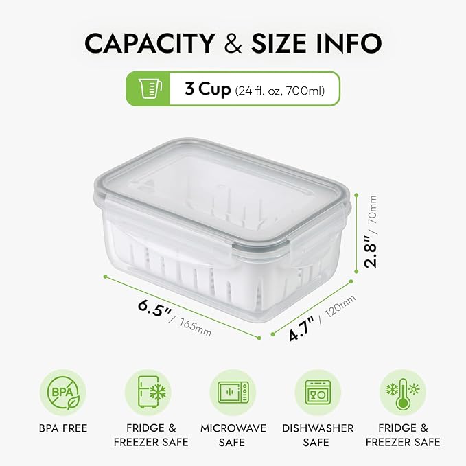 3.0 Cup Produce Saver Container for Fridge with Colander - 700ml | Airtight Fruit & Vegetable Storage Bin, Removable Strainer Basket, BPA-Free, Stackable, White Colander