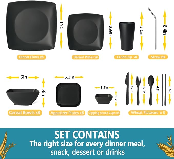Teivio 88-piece With Flatware Plastic Kitchen Wheat Straw Square Dinnerware Set for 8, Unbreakable Dinner/Salad/Appetizer Plates, Snack Bowls, Dipping Sauce Cups,Tumblers, Dishwasher Safe Dish,Black
