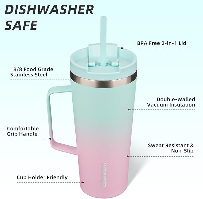 BJPKPK 22oz Insulated Tumbler with Handle, Lid & Straw, Stainless Steel | Double Wall Vacuum Insulated Coffee Travel Mug - Keeps Cold & Hot, BPA Free, Cupholder Fit for Office, Gym & Travel