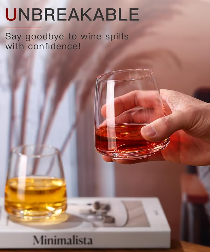 Stemless Wine Glasses Set of 6-15oz【Hand-Blown】 Durable Red White Wine Glasses,Unique Crystal Gifts for Him/Her for Wedding, Birthday,Father's Day
