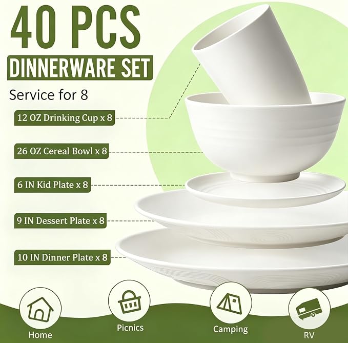 40 PCS Wheat Straw Dinnerware Sets, Service for 8 - Dinner Plates, Cereal Bowls, Drinking Glasses, Unbreakable Plastic Plates and Bowls Sets, Dishwasher and Microwave Safe for Kitchen - White