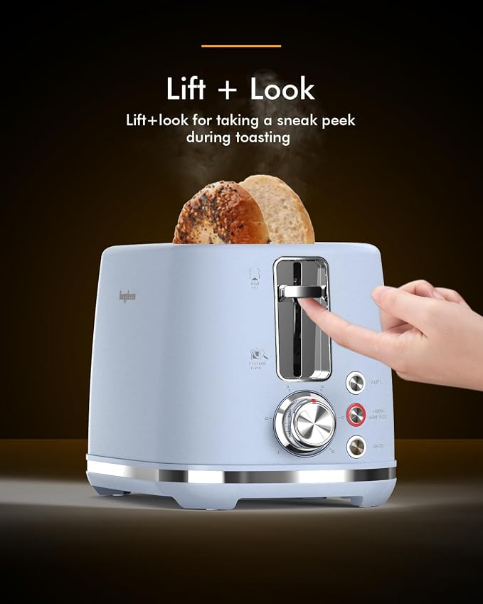 LONGDEEM 2 Slice Toaster with 1.5" Extra Wide Slots & Removable Crumb Tray 6 Browning Options, Auto Shut Off & Frozen Function, Toast Fruit Bread, Bagel & Waffle, Blue