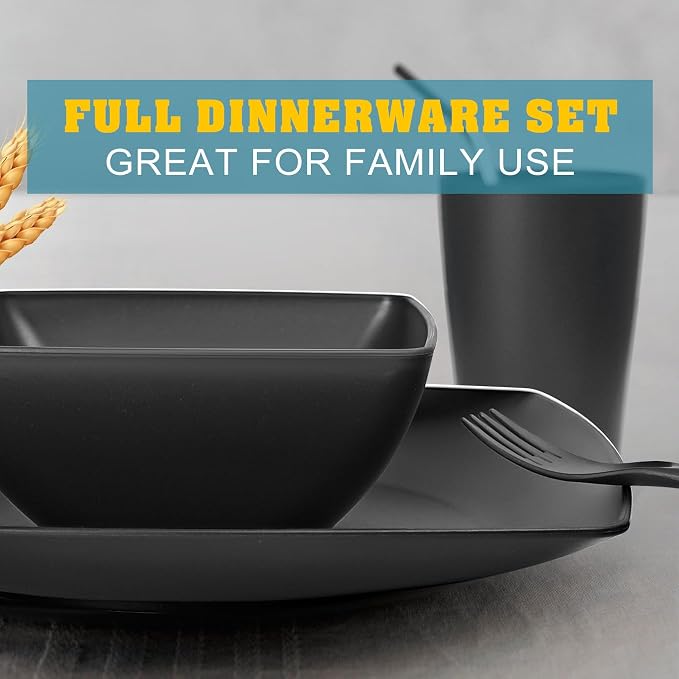 Teivio 56-piece With Flatware Kitchen Plastic Wheat Straw Square Dinnerware Set for 8, Unbreakable Dinner Plates, Snack Bowls, Tumblers 13.5 oz, Dishwasher Safe, Black