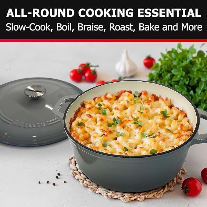 MUELLER HOME 4.5 QT Enameled Cast Iron Dutch Oven, Heavy-Duty Casserole Dish and Braiser Pan with Lid and Stainless Knob, Oven-Safe up to 500° F & Across All Cooktops, Grey | Heavy-Duty Casserole Dish and Braiser Pan, With Lid and Stainless Knob, Oven-...