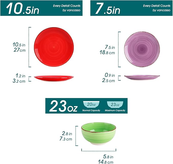 vancasso Bonita Dinnerware Set Multicolor Stoneware 18 Pieces Service for 6 | Handpainted Spirals Pattern Stoneware Plates and Bowls Set, Modern Round Dishes Sets, Microwave and Dishwasher Safe