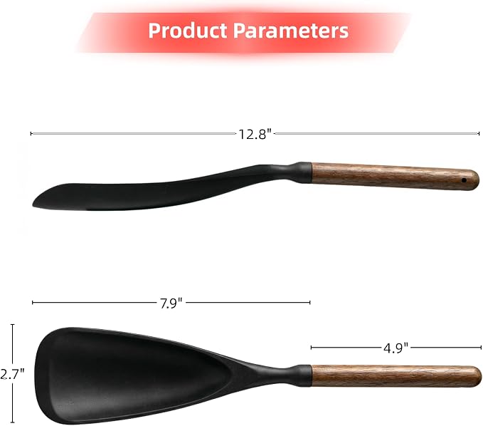 2-Pack Silicone Spoonula with Wooden Handle, BPA-Free Spatula Spoon for Nonstick Cookware, Heat Resistant Cooking Spoon for Mixing, Scraping, Scooping and Serving(Black)