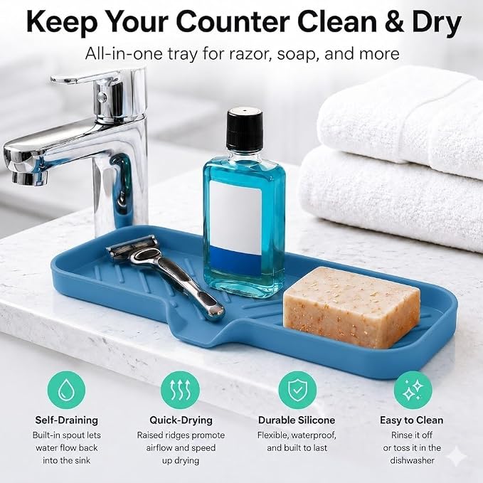 MicoYang Silicone Soap Dish with Drain Spout — Self-Draining Double Sink Organizer Tray for Kitchen & Bath, Dispensers, Sponges & Soap Holder, Non-Slip & Dishwasher Safe, Lichen Blue (Large, 12"×4")
