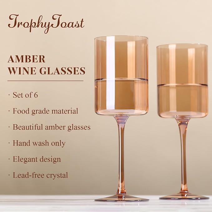 Amber Wine Glasses Set of 6 - 14oz Hand Blown Square Colored With Tall Long Stems, Modern Set for All Occasions