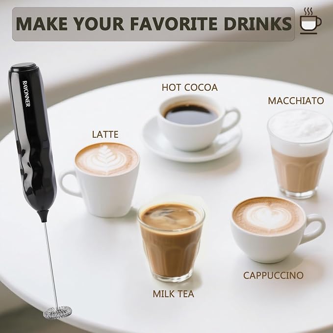 RAYONNER Kitchen Milk Frother Handheld Coffee Frother Foam Maker Black | Fast Powerful Drink Mixer, Stainless Steel Whisk, For Coffee, Battery Operated