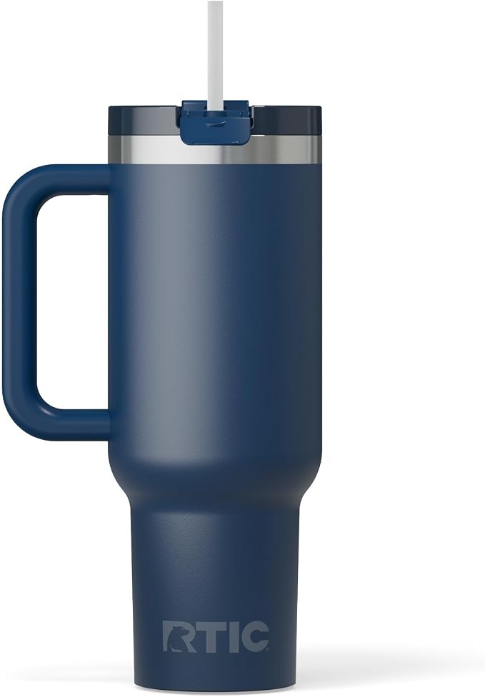 RTIC 40oz Road Trip Tumbler, Insulated, Ceramic Lined, Navy | with Lid, Handle and Straw, Stainless Steel Metal Cup, Portable for Hot and Cold Drinks, Coffee, Car, Camping, Travel