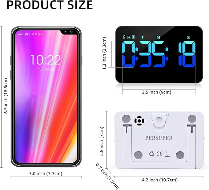 PERSUPER Kitchen Digital Timer, Count Down Up, Rechargeable, Vibration Mode | Adjustable Volume and Brightness LED Display, Time Management Cook, Desk, Kids Adults Study Teaching, Kitchen Gadgets Blue