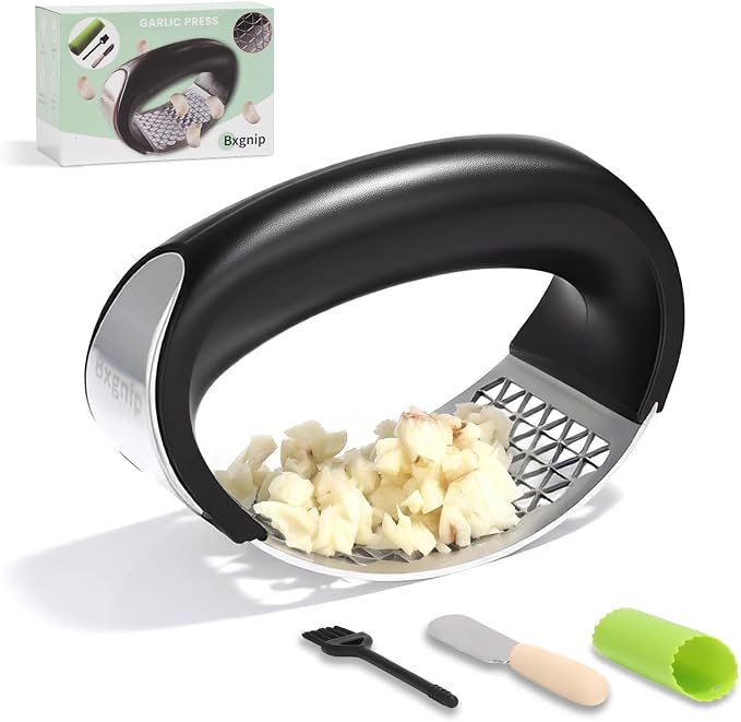 Garlic Press Rocker, Stainless Steel with Triangular Holes | Effortless Squeeze for Weak Hands,Easy to Clean,Medium Size for Daily Home Cooking