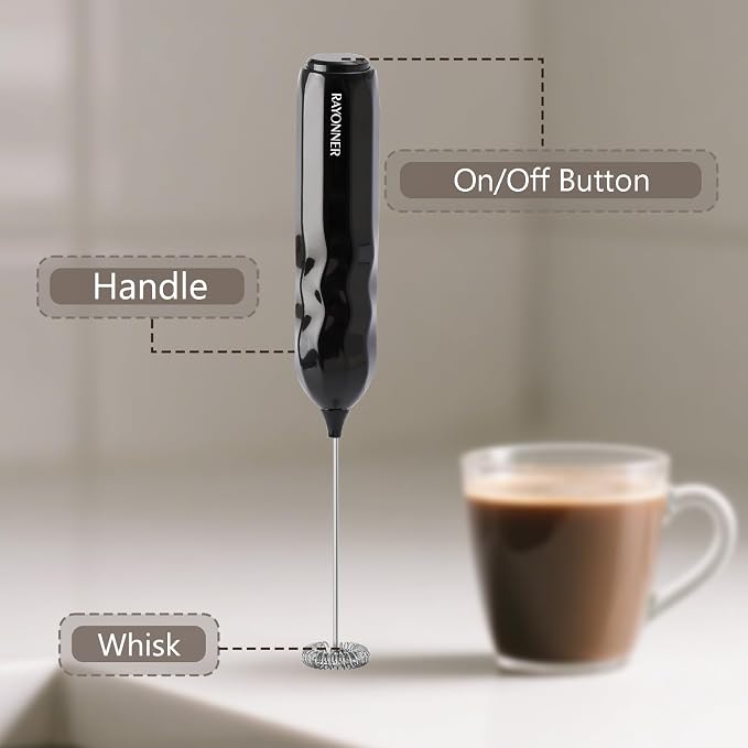 RAYONNER Kitchen Milk Frother Handheld Coffee Frother Foam Maker Black | Fast Powerful Drink Mixer, Stainless Steel Whisk, For Coffee, Battery Operated