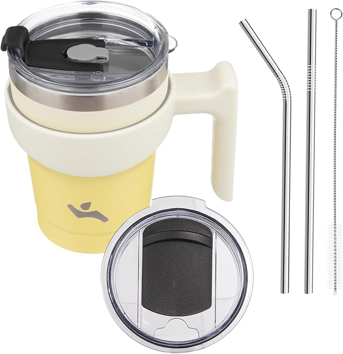 Konokyo 10 oz Tumbler with Handle and Straw, Insulated Travel Mug | Lemon; BPA-free, leak-proof tumbler with 2 lids, 2 straws, cup holder fit for coffee, office, travel & daily use
